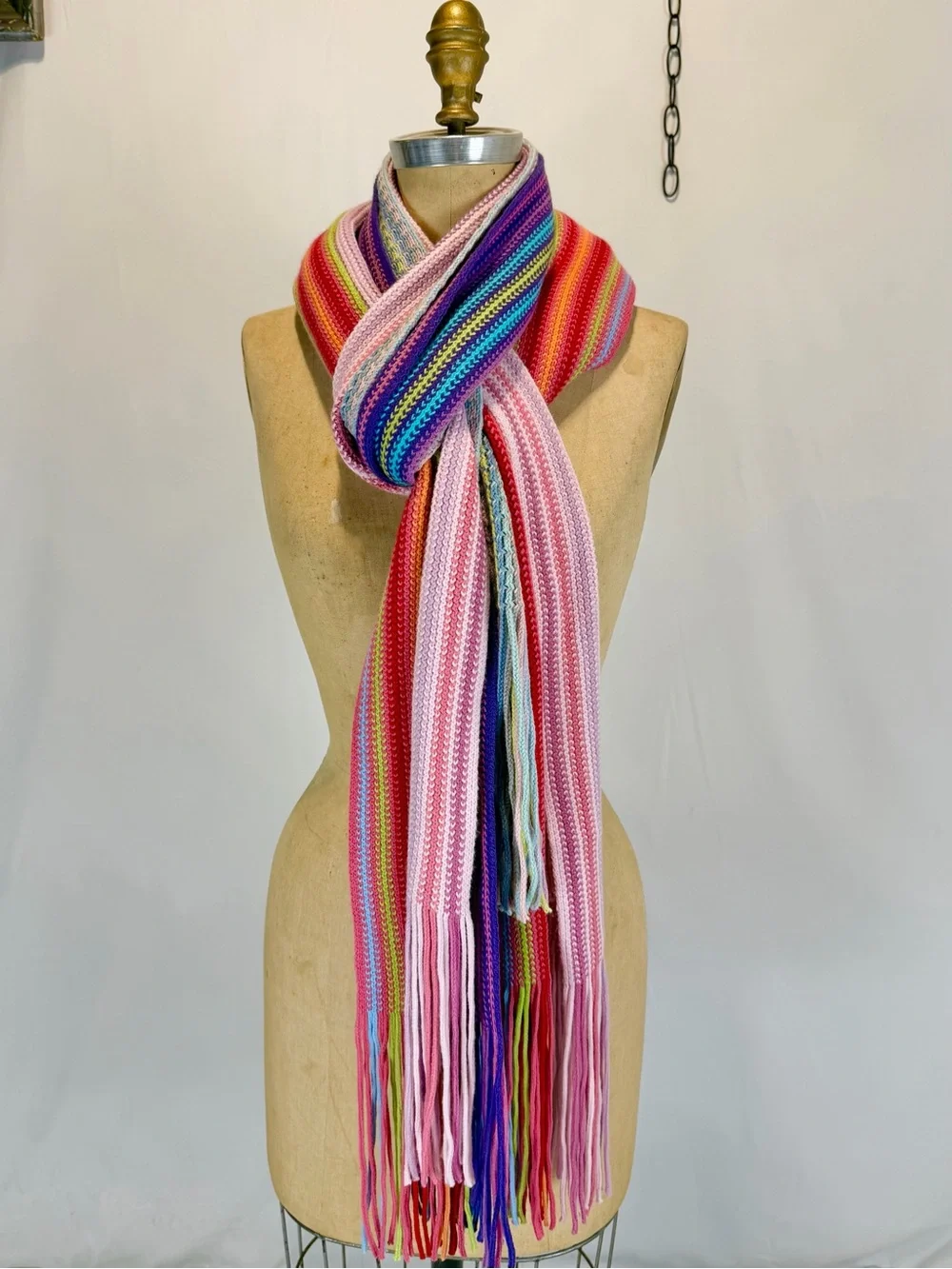 Rainbow scarf set of 4 long skinny crochet wrap fringe multicolor stripe y2k